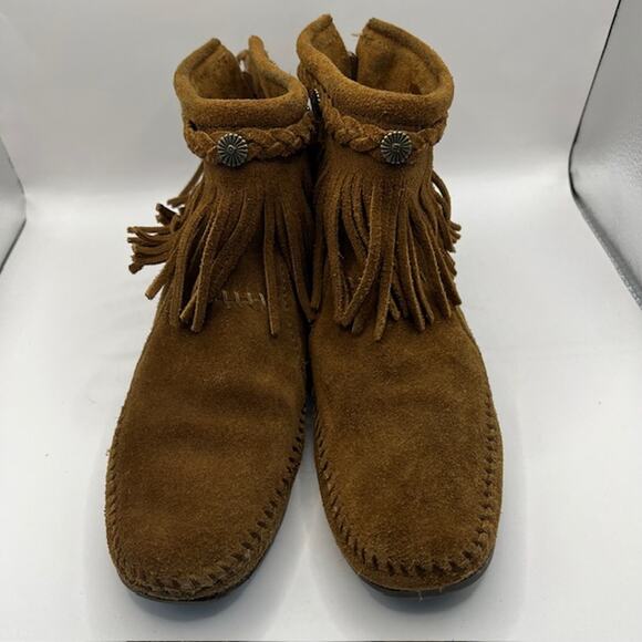 Minnetonka 293 Fringe Ankle Booties Zip Up Leather Womens 6.5 Brown Moccasin - Picture 3 of 7
